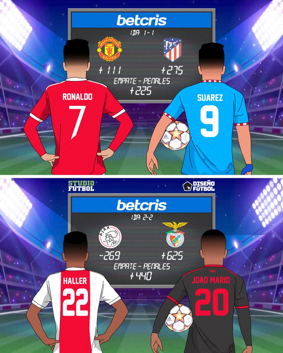 Betcris's tweet photo. ¡Martes de Champions League! Se definen dos clasificados más a los cuartos de final ⚽️🔥

🏴󠁧󠁢󠁥󠁮󠁧󠁿 Man United vs Atlético de Madrid 🇪🇸
🇳🇱 Ajax vs Benfica 🇵🇹

Arma tus mejores jugadas con Betcris 😎

📸 @StudioFutbolWeb @disenofutbol 

#UCL #ChampionsLeague https://t.co/nvR7492uT8