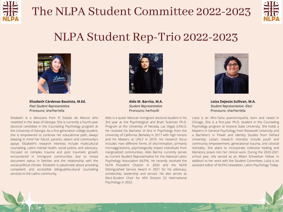 StudentsofNLPA's tweet photo. Allow us to introduce the 2022 NLPA Student Committee!

Students constitute more than half of the entire NLPA membership familia, we are the leader of tomorrow for Latinx Psychology, and for that our future is bright! #LatinxStudents https://t.co/9SixvUHWXM