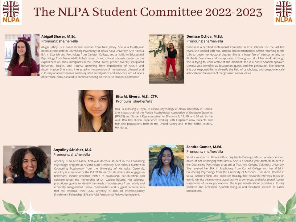 StudentsofNLPA's tweet photo. Allow us to introduce the 2022 NLPA Student Committee!

Students constitute more than half of the entire NLPA membership familia, we are the leader of tomorrow for Latinx Psychology, and for that our future is bright! #LatinxStudents https://t.co/9SixvUHWXM