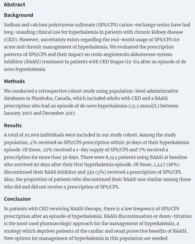 SevenOaksCDIC's tweet photo. 🚨 New publication! Prescription patterns of Sodium 
and Calcium Polystyrene Sulfonate in patients with #Hyperkalemia and #ChronicKidneyDisease receiving RAAS inhibitors. #CDICresearch @CKJsocial 
 
➡️ https://t.co/06NLMUmbcD https://t.co/OLOkuAfg0C