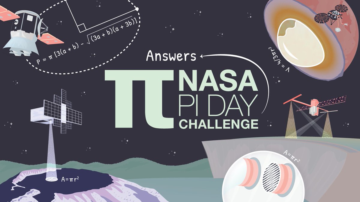 In this cartoonish illustration, various spacecraft are shown with notations such as circles and pi formulas. Text reads, "NASA Pi Day Challenge Answers"