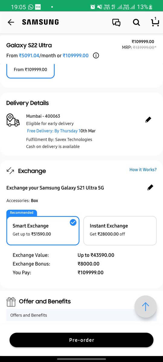 peace_at_work's tweet photo. @SamsungIndia @CEOofSamsung @SamsungMobile @consumerforum_ been 25 days when first raised concern related to S22 Utlra pre book event. multiple email and calls no resolution. The exchange price of S21 on 22 Feb 51590 n on 12 Mar 62990. Seems like they aren't fair in dealings. https://t.co/mFWpVZW11s