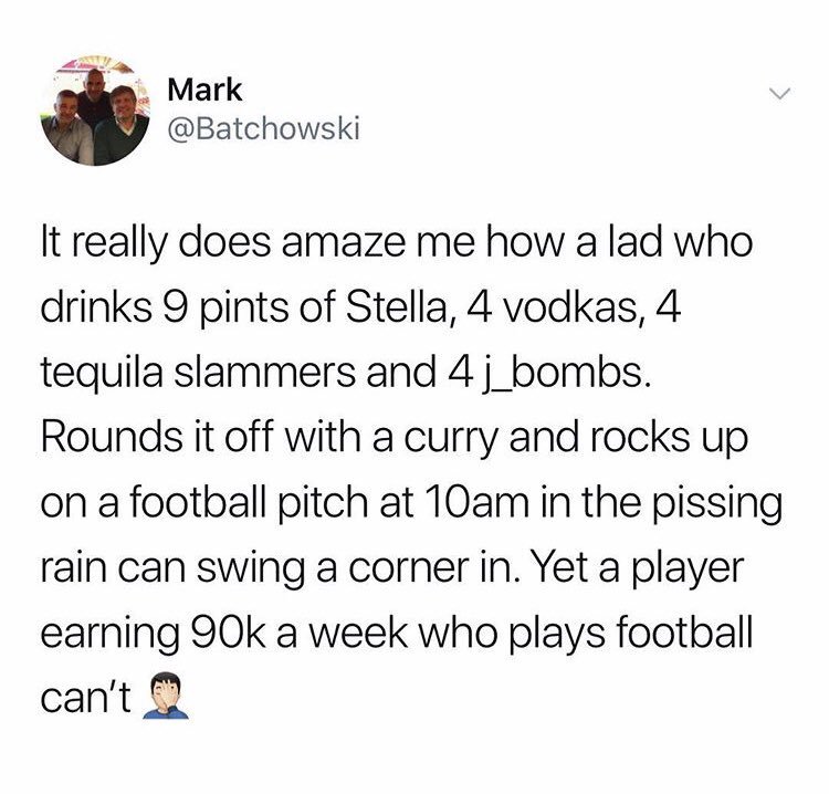 SundayShoutsFC's tweet photo. Sunday league footballers are the real heroes 😂 https://t.co/pLrDmozkWf