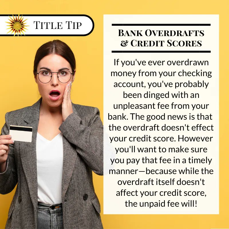 TitleJunction's tweet photo. Financial institutions can send the debt of your unpaid overdraft fees to collections. Once a collection agency creates an account for you, it can go on your credit report as a delinquency. #TitleTipTuesday #OverdraftFees #CreditScore https://t.co/vXheVdmDP8