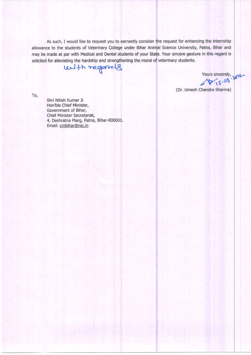 presidentVCI's tweet photo. Hon'ble CM Sir,
Kindly consider to increase internship allowance of budding Vets of your State. 
Parity with medical as per  court directives will boost moral of vets.⁦@NitishKumar⁩ https://t.co/2qXJdxEnRB