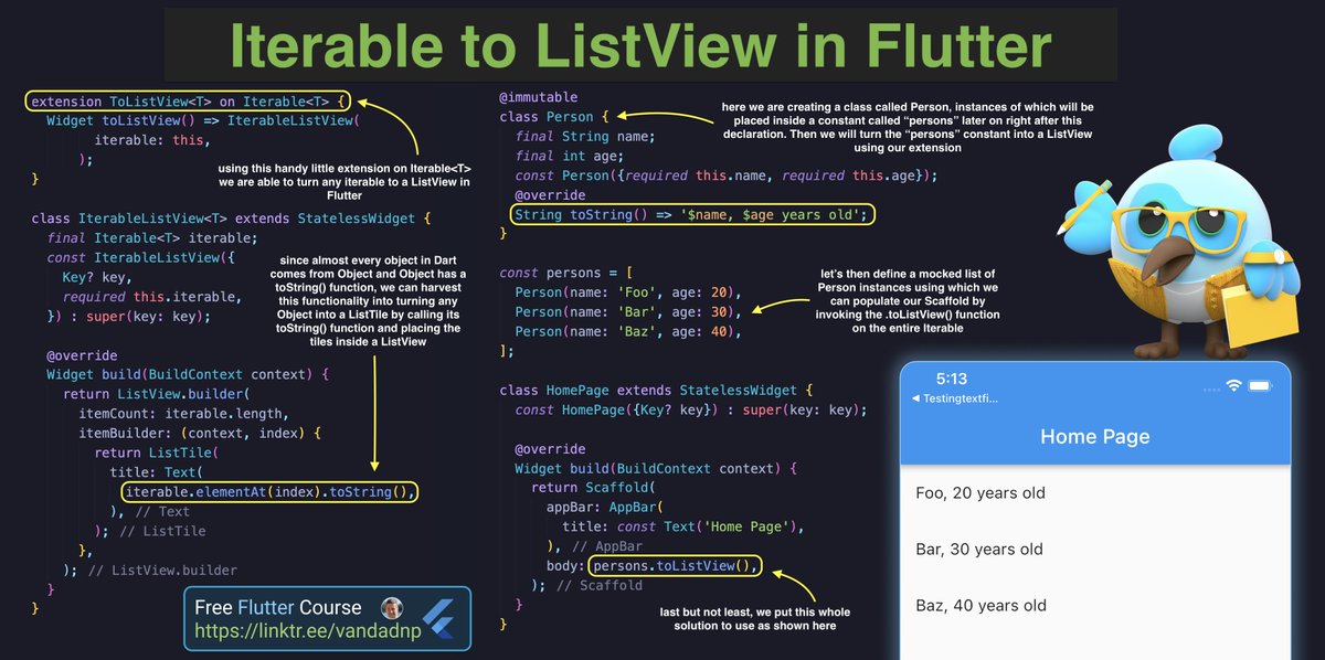 vandadnp's tweet photo. 🔥Did you know that in #Flutter 💙, you can turn an #Iterable into a #ListView 😳? Remember that #Object has a function called #toString() which we can use to create #ListTile instances as I show you here:
source: https://t.co/8RNrC4VBGn
#tipoftheday https://t.co/uqHeDQ7qLN