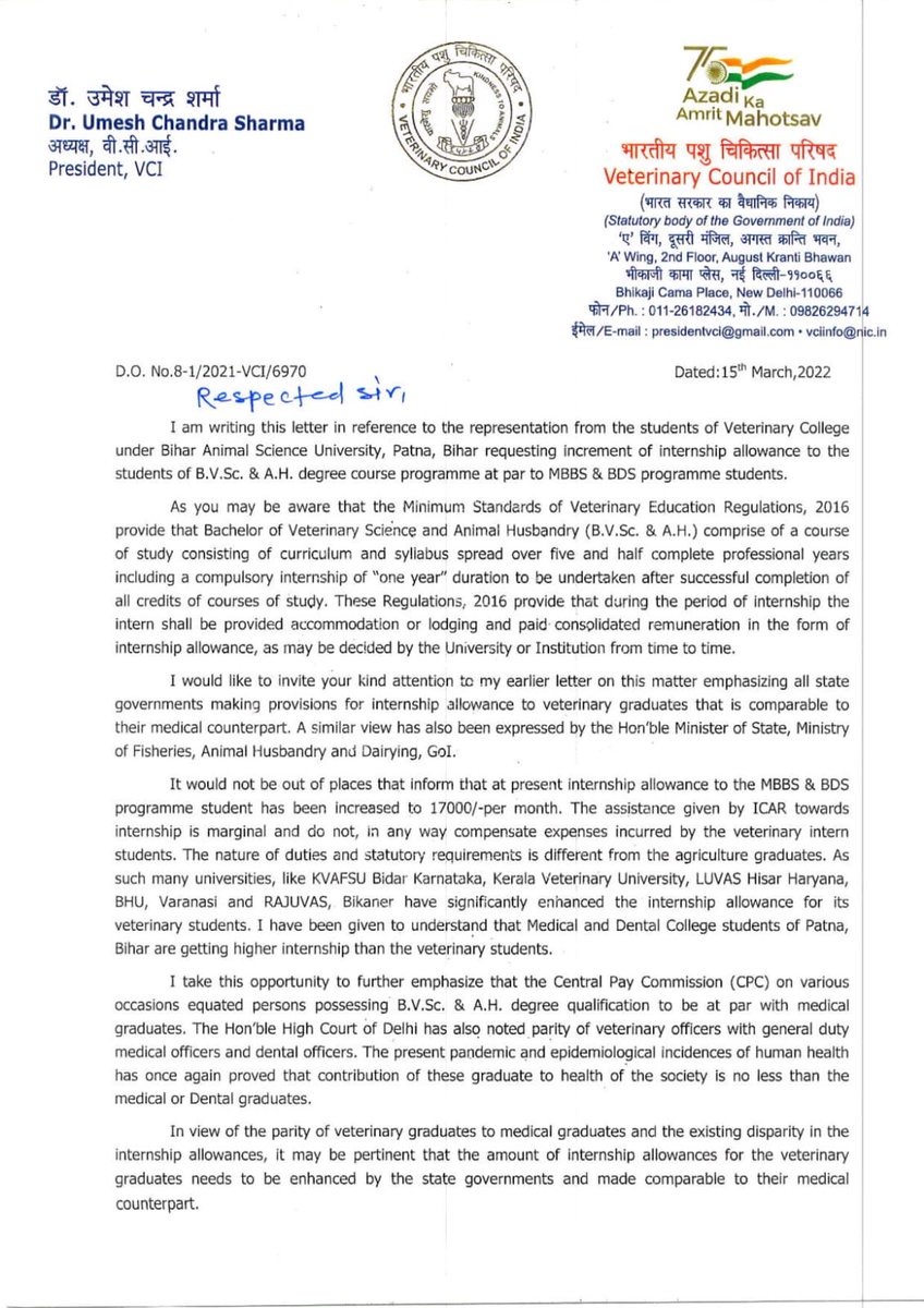 presidentVCI's tweet photo. Hon'ble CM Sir,
Kindly consider to increase internship allowance of budding Vets of your State. 
Parity with medical as per  court directives will boost moral of vets.⁦@NitishKumar⁩ https://t.co/2qXJdxEnRB