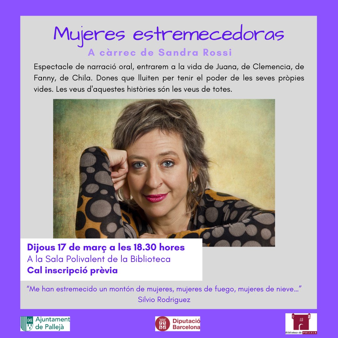🤩 Encara queden places disponibles per l'espectacle de narració oral "Mujeres estremecedoras", a càrrec de Sandra Rossi, que es durà a terme el dijous 17 de febrer a les 18.30 hores a la Biblioteca. 

Cal inscripció prèvia al 93 663 18 87 o al 610 657 328.

No us el perdeu!