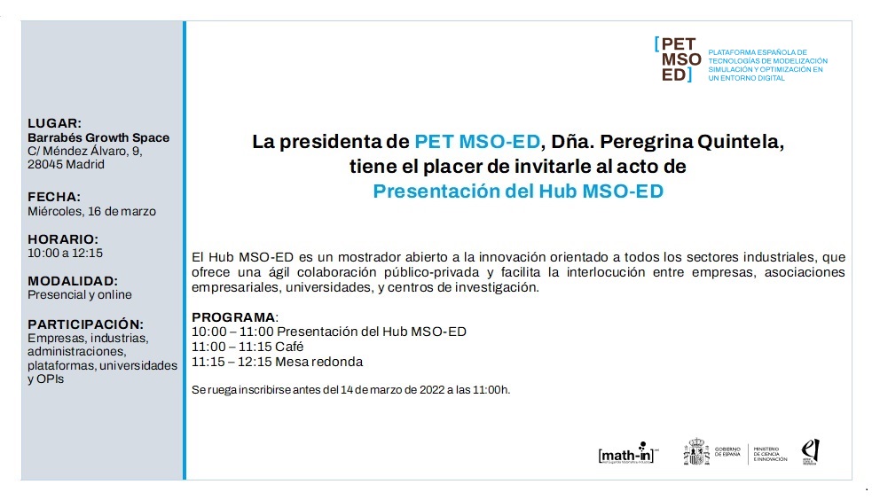 aimenct's tweet photo. 🗓️ Mañana se presenta el #Hub MSO-ED, del que #aiment forma parte, promovido por la Plataforma Española de Tecnologías de #Modelización, #Simulación y #Optimización en un #EntornoDigital (PET MSO-ED) y coordinado por @Red_mathin.
+INFO ➡️https://t.co/kdIGnLnZFm https://t.co/zl583W2Ob8