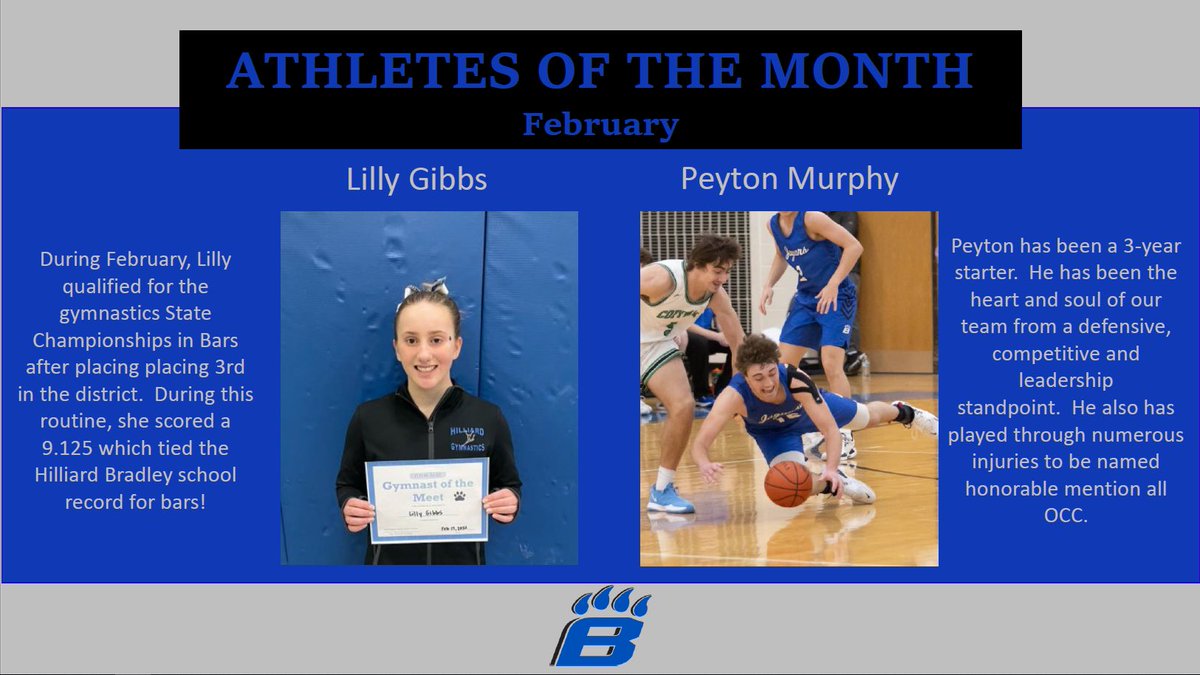 HBHSathletics's tweet photo. CONGRATS to our February @AmFamFordAgency Athletes of the month Lilly Gibbs 🤸 (@hilliardgym) and Peyton Murphy 🏀 (@jagsbballnation) https://t.co/l9OonYcBU6