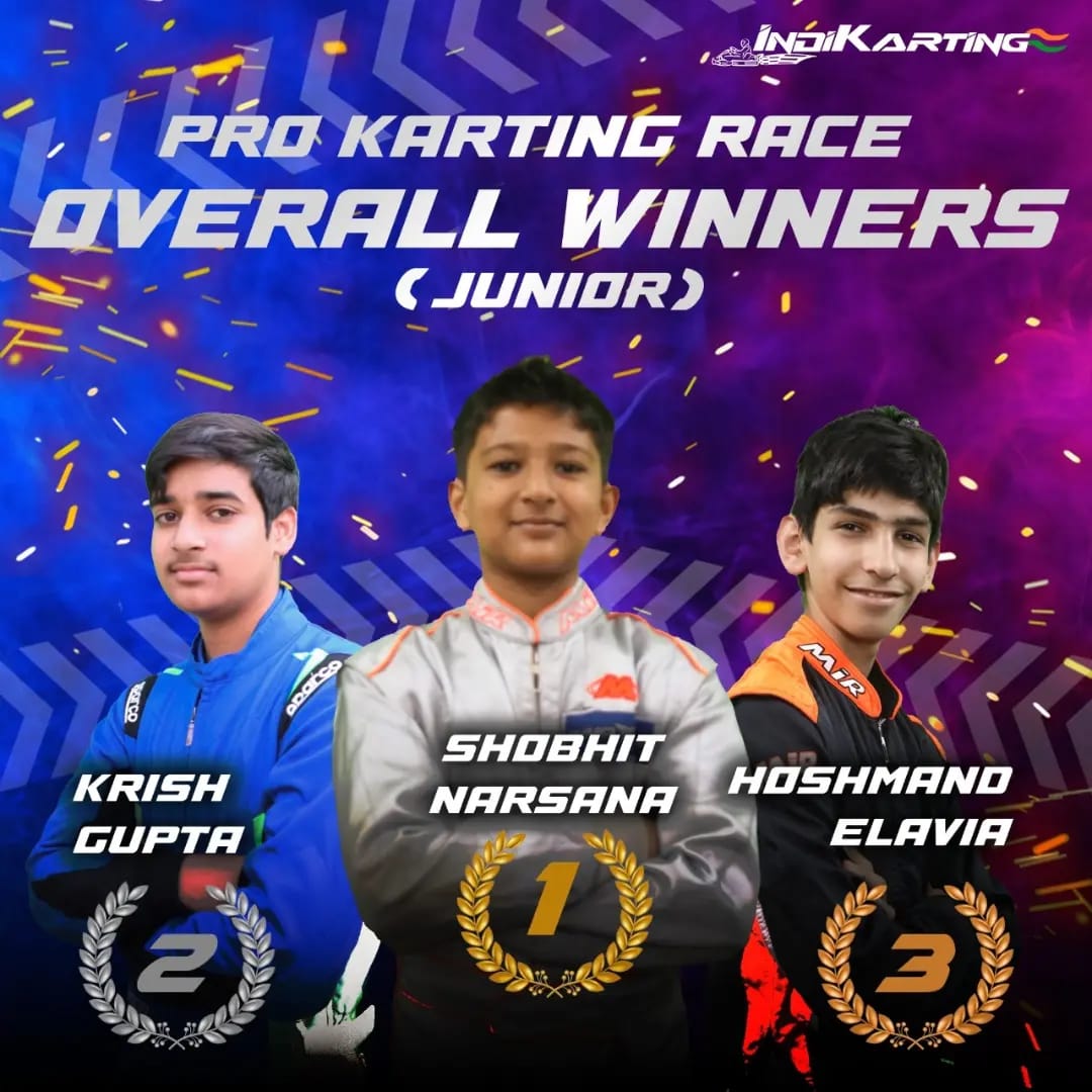 IndiKarting's tweet photo. Pro-karting Race 2022 Overall Winners in the Junior category are: 

Pro Junior Winner: Shobhit Narsana
Pro Junior Runner-up: Krish Gupta
Pro Junior Second Runner-up: Hoshmand Elavia

#indikarting #motorsports #kartracing https://t.co/NCczbRuZr6