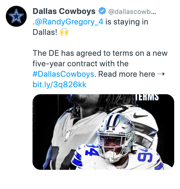 FOX Sports: NFL on X: 'The Cowboys have since deleted a tweet that reported Randy  Gregory was returning to Dallas. Reports now suggest he is signing with  Denver.  / X