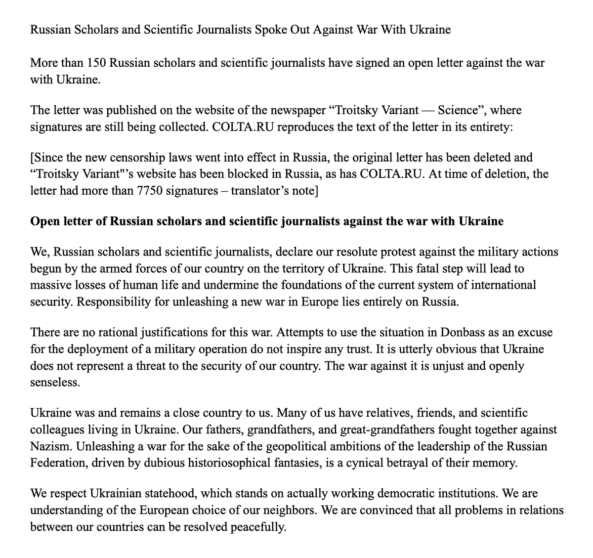 WarTranslation's tweet photo. Make science, not war! (Feb 24, 2022)

An anti-war open letter from Russian scientists and science journalists

Translated by Ros Herling

Original: https://t.co/0OybKzXnaB https://t.co/r4QiZKnSLJ