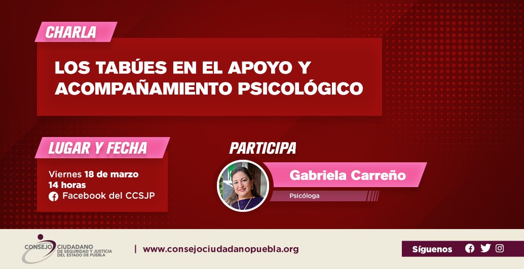 CCSJPuebla's tweet photo. 👉🗓️Este viernes tendremos una charla con la psicóloga Gabriela ​Carreño, quien nos platicará sobre aquellos tabúes que existen sobre el apoyo y acompáñamiento psicológico. 
​
Conoce más detalles del evento 👉
https://t.co/pm94j2K6cH https://t.co/rBC2evi7KQ