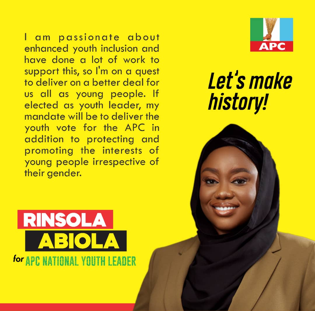 RinsolaAbiola's tweet photo. A summary of my agenda. 

"...I'm on a quest to deliver on a better deal for us all as young people...as National Youth Leader, I will protect and promote the interests of young people, irrespective of their gender." #LetsMakeHistory #RinsolaForAPCNYL https://t.co/g7tvcZW46U