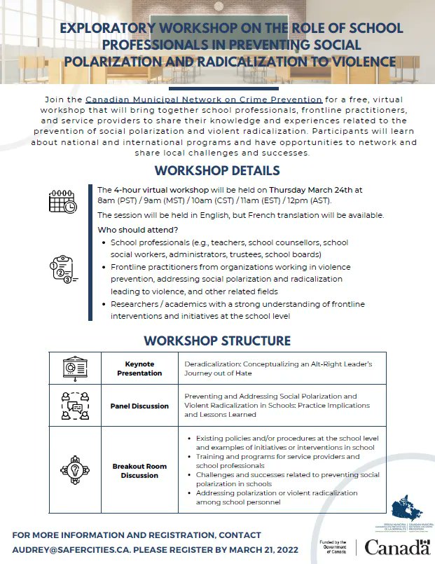 safercitiesca's tweet photo. Are you a school professional or a frontline practitioner working on the prevention of #SocialPolarization and violent #radicalization? Consider signing up to our upcoming Exploratory Workshop! 

See flyer for more information!

#CommunitySafety
#UpstreamPrevention https://t.co/Gutu8jWp0a