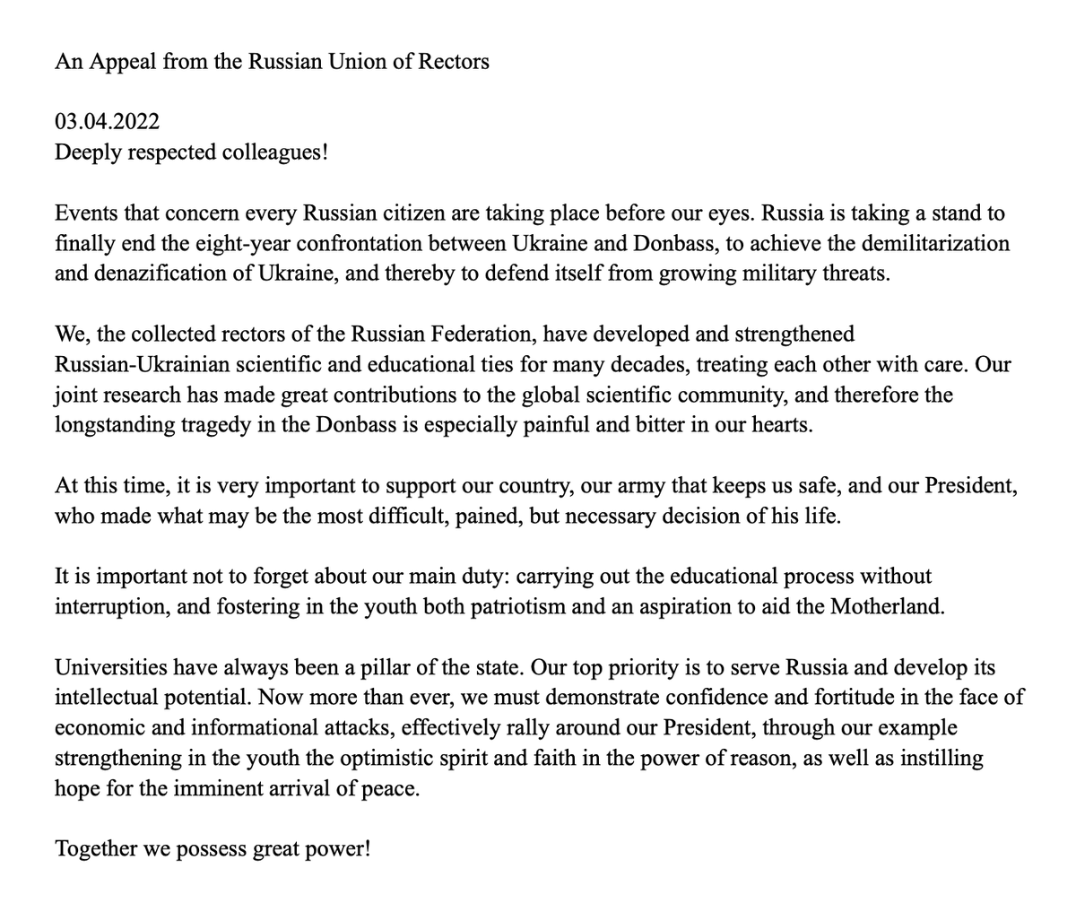 WarTranslation's tweet photo. A pillar of the state (March 4, 2022) 

A pro-war/pro-Putin open letter signed by the rectors of many leading Russian universities

Translated by Ash Maria

Original: https://t.co/anXwbqd6X3 https://t.co/AfXhPnDGEs