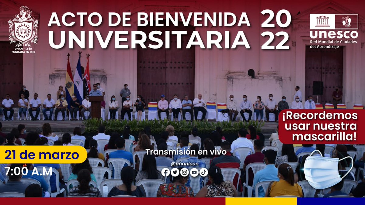 #SAAMUNANLeon te invita a Ti estudiante, padres de familias, población leonesa, comunidad universitaria a participar del Acto de Bienvendia Universitaria que se realizará este próximo #21Mar ⏰7:00am📍Plaza Juan José Quezada "¡A la Libertad por la Universidad!" #LeonRevolucion