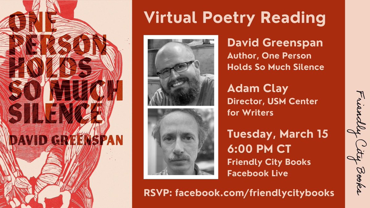 friendlycitybks's tweet photo. Tonight! Join us on Facebook Live for a virtual poetry reading with David Greenspan and Adam Clay at 6 PM CT at https://t.co/Ba0aQIeYZv https://t.co/qnoSXvU5FG