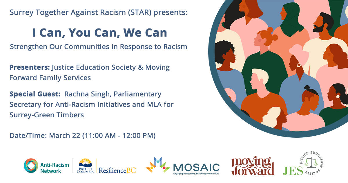 MOSAICBC's tweet photo. Please join us on March 22 for a free, virtual event that will provide legal and counselling support information for combatting racism in our #communities. Feat. special guest @RachnaSinghNDP and presentations from @JusticeEd + @movingforwardfs! Register: https://t.co/M00817Hgwh https://t.co/S4j9KMkVPx