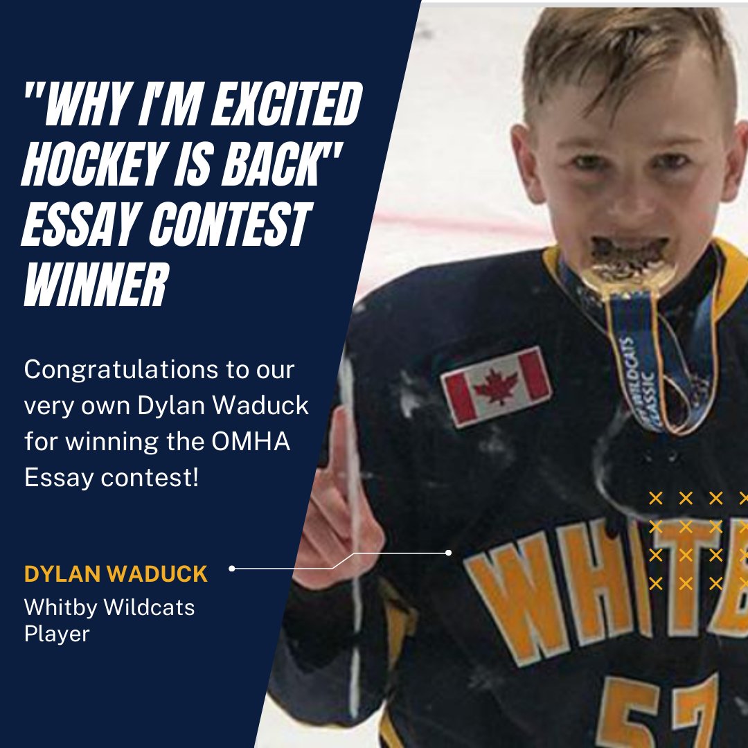 WhitbyHockey's tweet photo. Shout-out to our own WMHA player, Dylan Waduck for winning this year’s Essay Contest brought to you buy OMHA! The theme was “Why I’m Excited Hockey Is Back” &amp; Dylan wrote about how hockey helped him overcome his battle with cancer💥

Congrats Dylan!🏆https://t.co/50fEDyePNL https://t.co/bCsLlti3CA