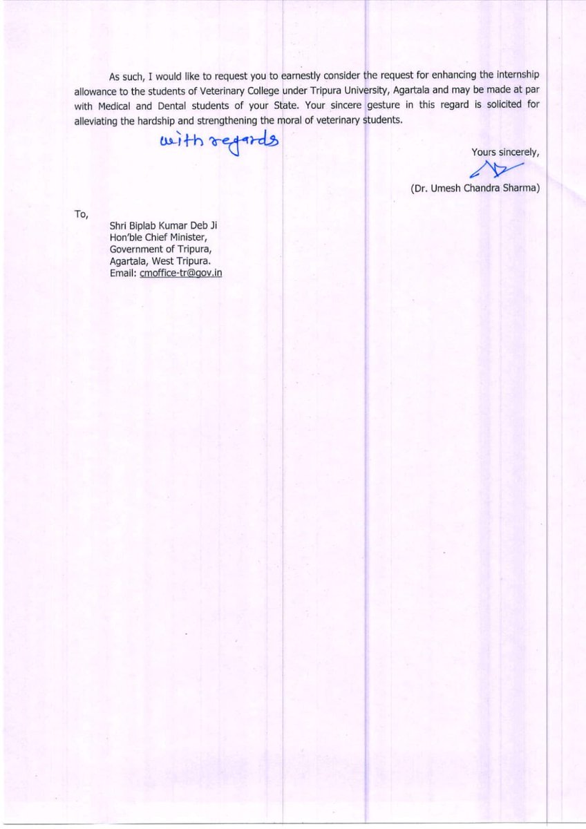 Dr. Umesh C Sharma (@presidentvci) on Twitter photo Hon'ble CM Sir,
Kindly consider to increase internship allowance of budding Vets of your State.
Parity with medical as per court directives will boost moral of vets.<a href="/BjpBiplab/">Biplab Kumar Deb</a> Hon'ble CM Sir,
Kindly consider to increase internship allowance of budding Vets of your State.
Parity with medical as per court directives will boost moral of vets.<a href="/BjpBiplab/">Biplab Kumar Deb</a>