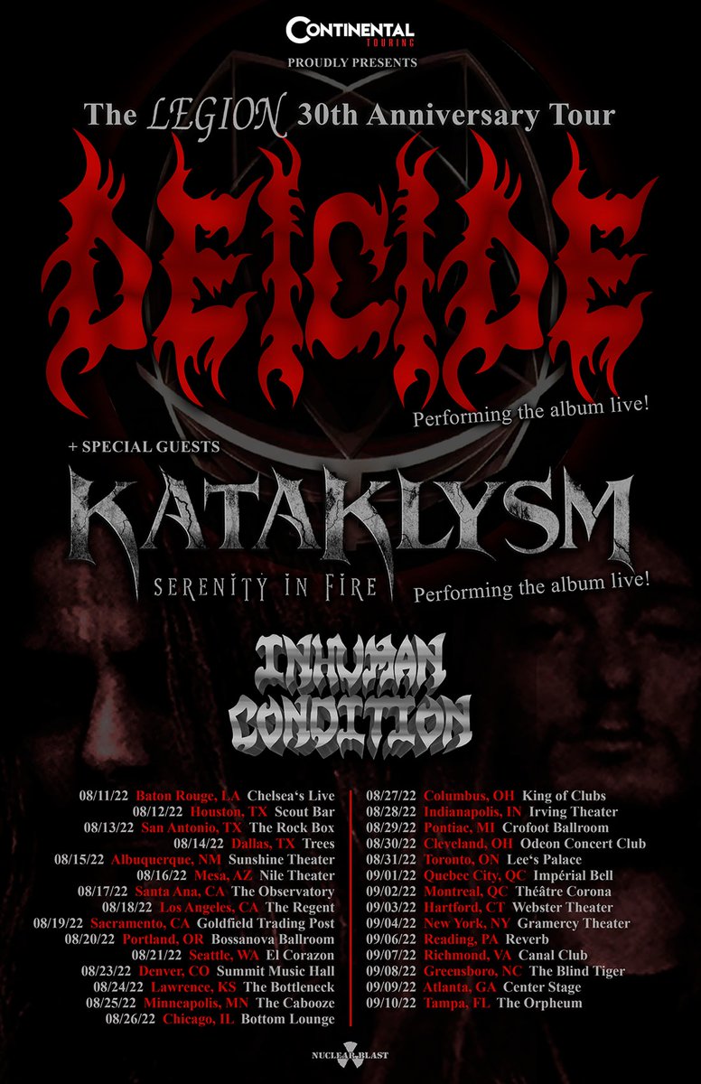 kataklysmband's tweet image. 🚨 US / CANADA TOUR ANNOUNCEMENT !! 🚨
Our brothers in #Deicide made us an offer we couldn't refuse.

#Kataklysm will be performing the classic 2004 album "SERENITY IN FIRE"🔥 in its entirety !!!

Tour openers will be #InhumanCondition 🤘🏻

DATES &amp;amp; TICKETS:
bnds.us/o9xda1