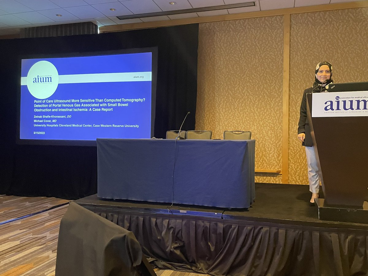 UHCMC_ED's tweet photo. Our awesome Ultrasound/MedEd fellow @zshafie9 presenting @michaelc0ver’s unique case of #POCUS-diagnosed portal venous gas associated with high-grade bowel obstruction & ischemia not seen on CT. #AIUM2022 #pocusFTW #UHproud #CLErising #Believeland https://t.co/01Ghfhx5cf