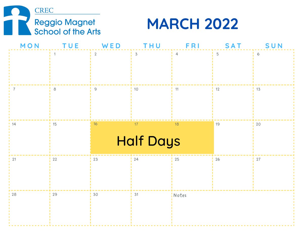 CREC_Reggio's tweet photo. REMINDER: March 16th, 17th, and 18th are half days with dismissal at noon. The After Care and Half Day Enrichment programs will be available for registered families. https://t.co/ojOnvNLf7R