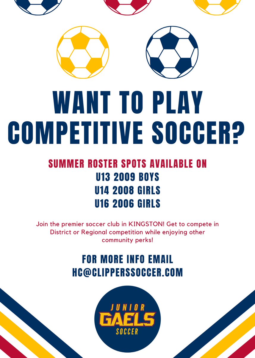 Join our Jr Gaels Soccer Family!  Pass this on to anyone you know who might be interested! 

Contact hc@clipperssoccer.com for more information!

#Kingston #Community #Soccer #together #stronger #ygk #family #stayhealthy #varsity #pathway #ontariosoccer #CanadaSoccer