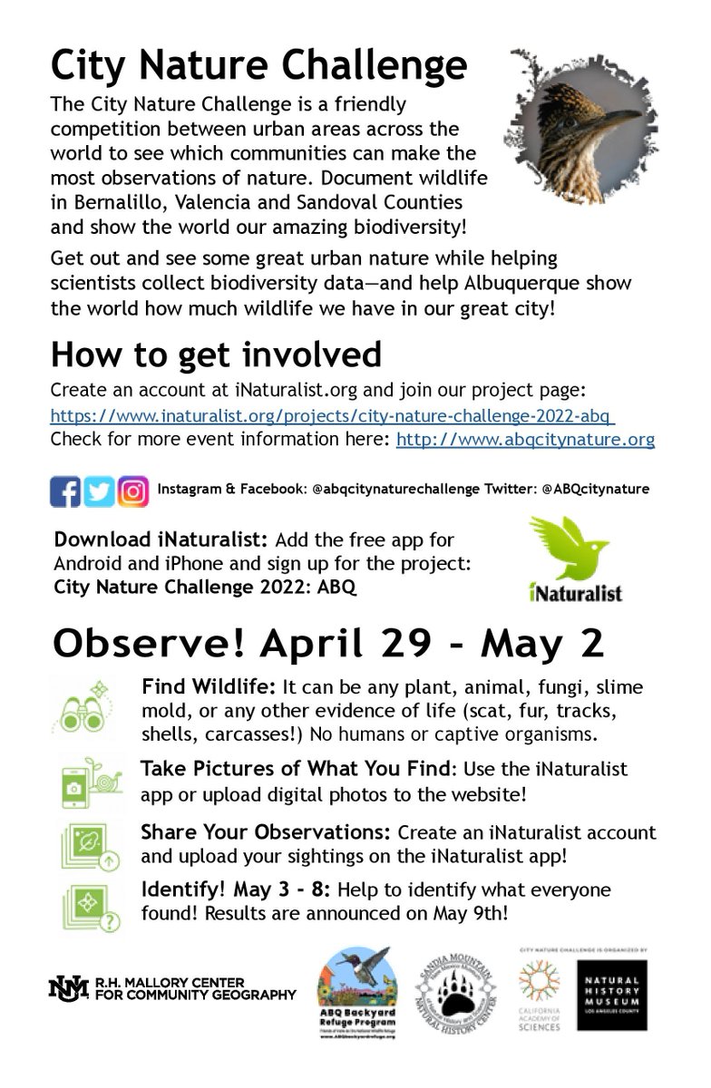ABQcitynature's tweet photo. Get ready for #CityNatureChallenge2022 by joining our #CityNatureChallengeABQ 2022 #iNaturalist project page and marking your calendar for April 29- May 2nd!

@citnatchallenge 
#CommunityScience #BioBlitz #UrbanNature #WorldCompetition #NaturePhotography #NewMexicoNature https://t.co/Tu4y04LeKD