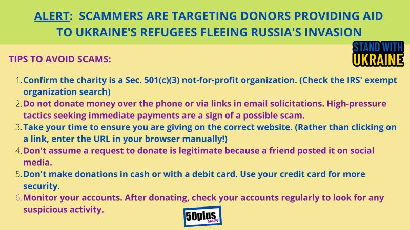 FarinLeslie's tweet photo. BEware of #scammers ! They are targeting donors providing aid to #ukraine refugees #standwithukraine #seniors #50plus https://t.co/sWfJa9rDzf