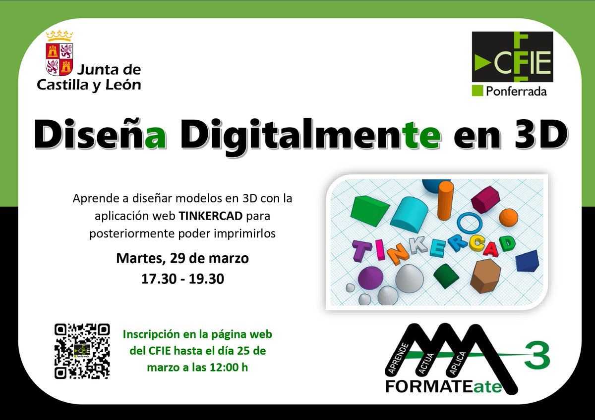 CFIE_Ponferrada's tweet photo. 🧩¿Quieres iniciarte a diseñar e imprimir en 3D?
💊𝗣𝗶́𝗹𝗱𝗼𝗿𝗮 𝗙𝗢𝗥𝗠𝗔𝗧𝗘𝗮𝘁𝗲 𝗗𝗜𝗦𝗘𝗡̃𝗮 𝗗𝗜𝗚𝗜𝗧𝗔𝗠𝗘𝗡𝘁𝗲 𝗘𝗡 𝟯𝗗
29 de marzo a 17.30 es tu día...
🖊️https://t.co/6sywuIchr6
#FORMATEate
#Formacioncyl
#TICyL
#Innovacyl https://t.co/XB5yORrXqP