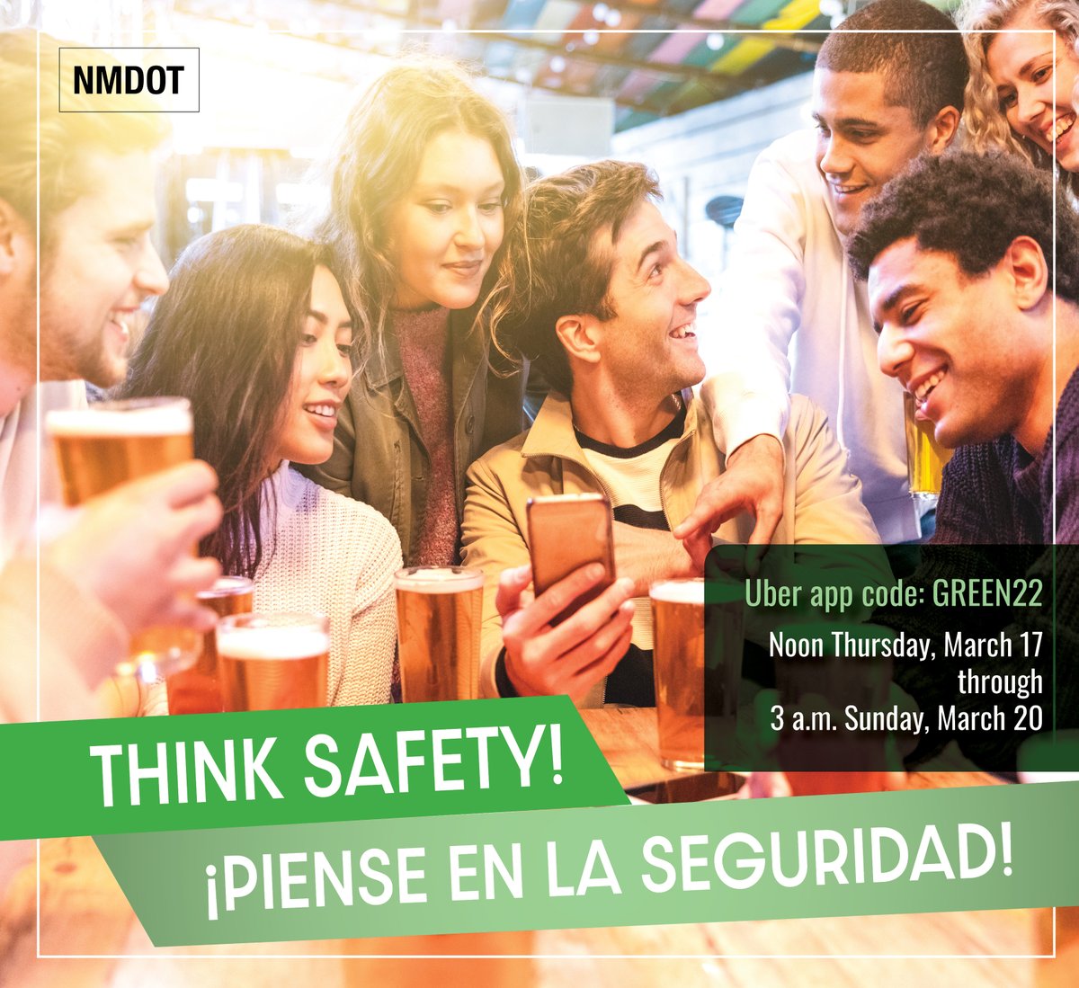 NMDOT's tweet photo. Don’t count on luck to get home safely this St. Patrick’s Day ‘Take a Ride on Us’. The program offers 1,000 participants living in and around Albuquerque an Uber credit of up to $15, two rides per person. Let’s combat drunk driving in New Mexico. #NMDOTcares #GetHomeSafe https://t.co/hGTSTZL7yn
