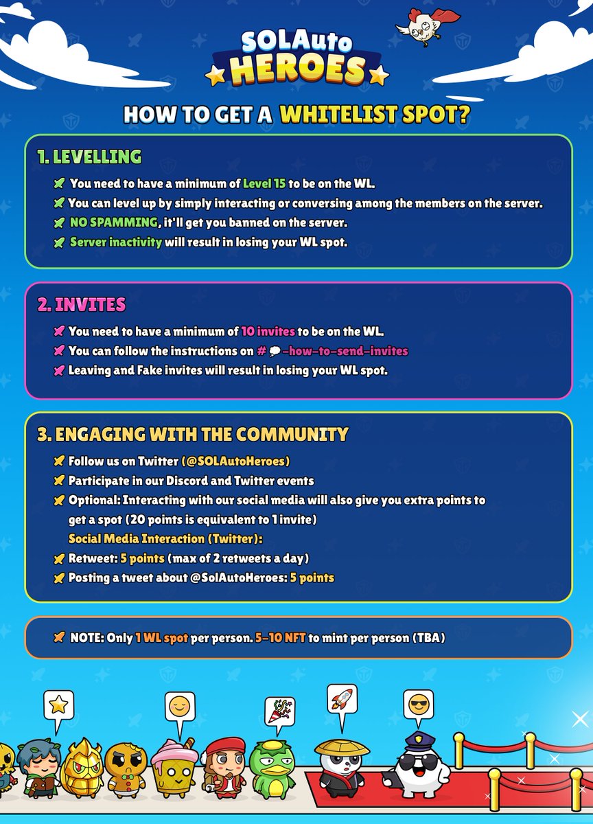 Hello Heroes!
Wondering on HOW TO GET A WHITELIST SPOT?
You can check on the photo below the requirements on how to be whitelisted.

What are you waiting for? Head on to our discord now and level up to secure that spot! 
Discord: discord.com/invite/5STVYMw…

#Solana #NFT #Whitelist