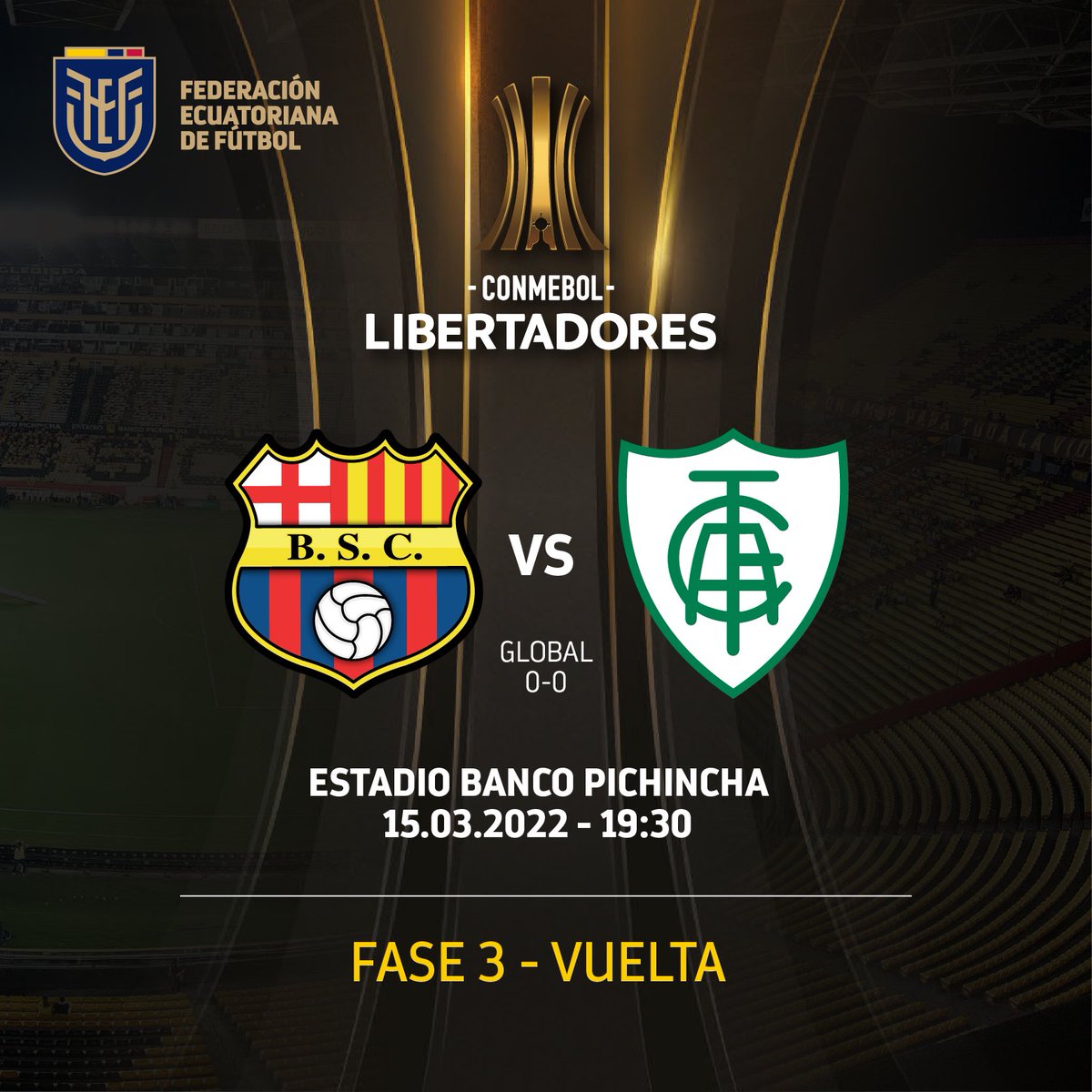 🙌 ¡A mostrar la jerarquía internacional!

💪 Nuestros mejores deseos a nuestro club afiliado, <a href="/BarcelonaSC/">BARCELONA S.C.</a>, en su partido de esta noche ante América MG por la vuelta de la Fase 3 de la CONMEBOL Libertadores.

#Libertadores #FEF🇪🇨
