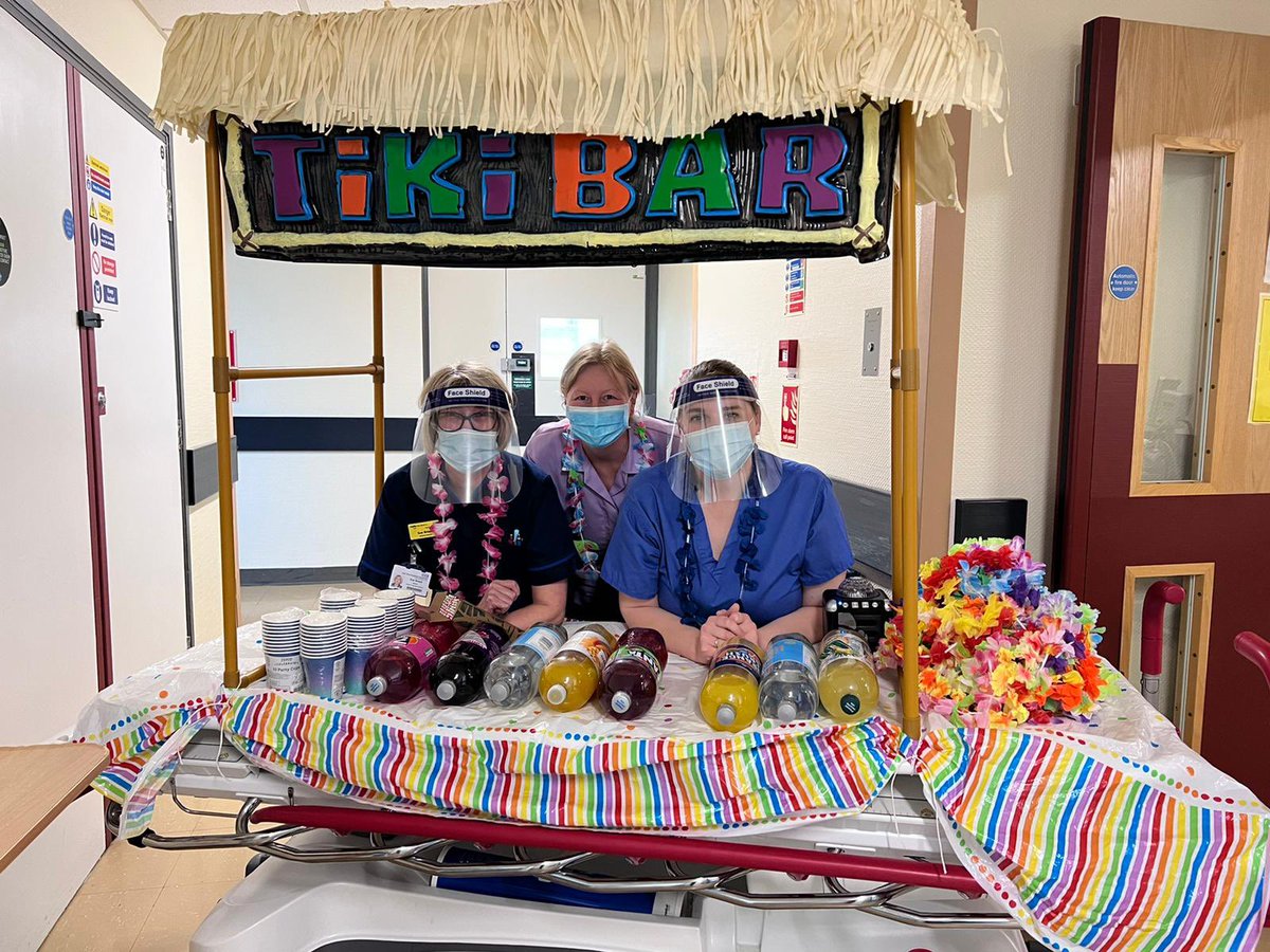 CambridgeKWHH's tweet photo. Tiki Bar day to celebrate #NutritionAndHydrationWeek on our ward. Patients, Relatives &amp; staff enjoyed mocktails &amp; #Thebeachboys to remain hydrated. @SueBrassington @EKHUFTCNO @EKHUFTNutrition @ChrisHamson @kindnessiscont4 @DementiaTeamEK1 @EKHUFT_SLT @people_nhs @harmfreecareuk https://t.co/bQO0CExyBS