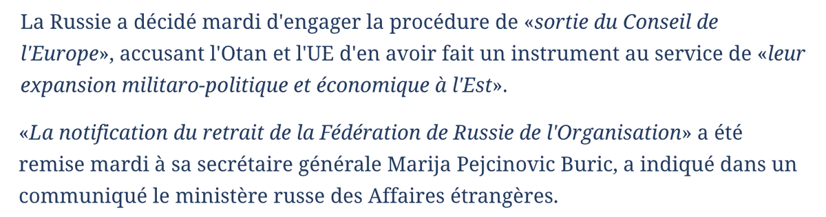 N_Hervieu's tweet photo. Désormais, c'est officiel : Sous la menace d'une exclusion, la #Russie se retire du Conseil de l'Europe (@coe).

Dans six mois, son retrait de la #CEDH sera effectif, privant l'ensemble des citoyens russes de la protection de la Cour européenne.

=> https://t.co/PRewJTuEHy https://t.co/ZTY1IvOOuO
