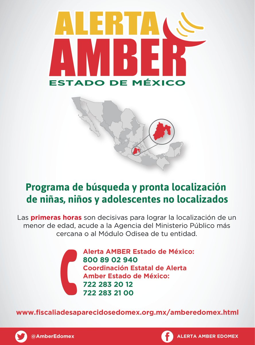 Conoce el programa #AlertaAmber el cual establece una herramienta eficaz de difusión, que ayuda a la pronta localización y recuperación de niñas, niños y adolescentes, desaparecidos. #AlertaAmberEdoméx. #FiscalíaEdoméx
