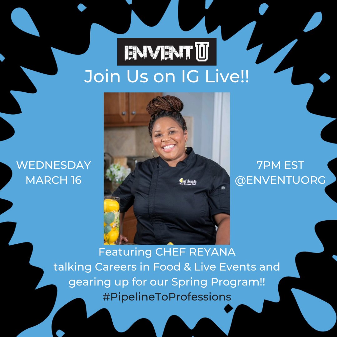 EnventUOrg's tweet image. TOMORROW at 7PM on IG Live! Featuring Chef Reyana, one of our #EnventU partners &amp;amp; a classroom favorite, we'll talk careers in food &amp;amp; events, along with some of her favorite techniques. We're gearing up for our upcoming Spring Catering &amp;amp; Events program! ow.ly/Skug50IjYw1