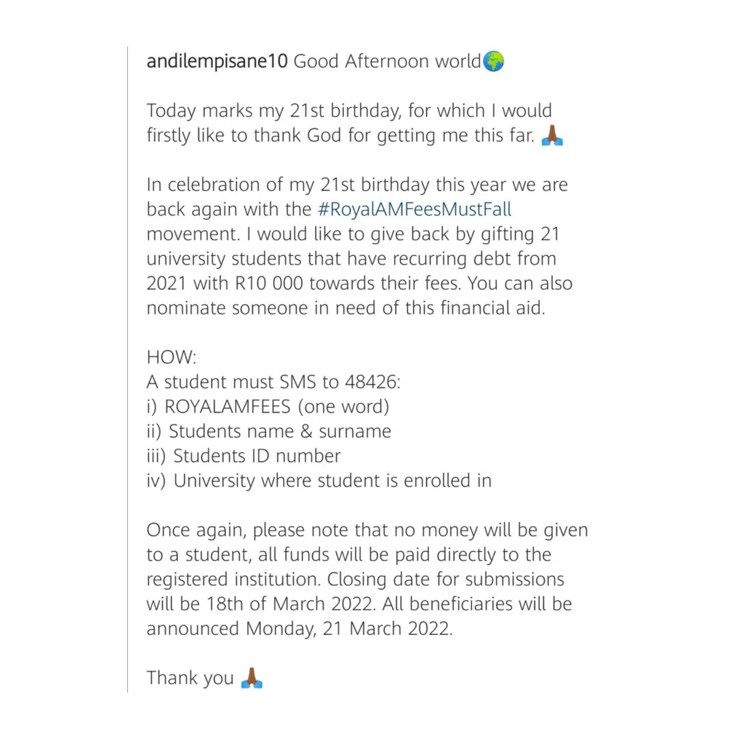 YentaRoom's tweet photo. Andile Mpisane is celebrating his 21st birthday by paying off debts for 21 University students. He calls the movement #royalamfeesmustfall.
Well if you need to settle that outstanding amount this is your chance ๐ฏ๏ธ ๐ฏ๏ธ
#royalam #andilempisane #mpisane #mamkhizeson https://t.co/uLSCIutgdP