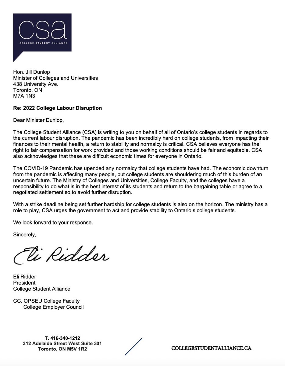 In light of the recent Strike Deadline announcements, today the CSA issued an Open Letter to Minister 
<a href="/JillDunlop1/">Jill Dunlop</a> on behalf of all Ontario's college students, calling on the @ongov to act and provide stability to the sector.

#onpoli #onpse #ontario #studentsfirst #advocacy
