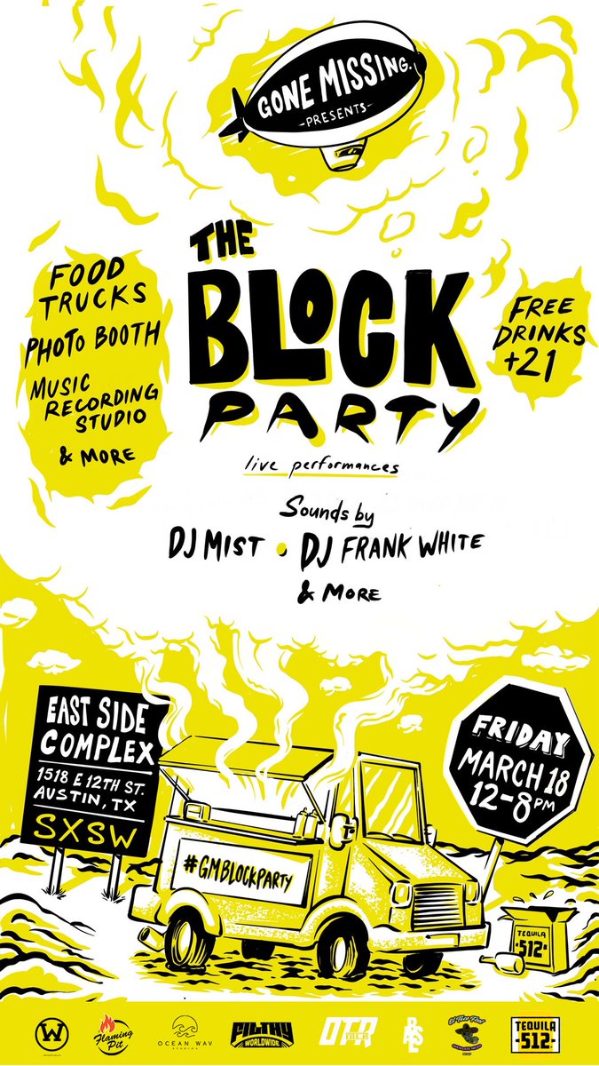 BlockPartyatx's tweet photo. Gone Missing presents “The Block Party”
- Free drinks
- Food trucks
- Live music

March 18 (12-8pm) at 1518 E 12th St

@quin_nfn 
@LilJaySoicy
@BELLIONBOSS 
@LarayDaSavage2x 
@bigredshooter 
+ more!

RSVP @ https://t.co/EaAc5l1kyE https://t.co/uwTbmrqvpw