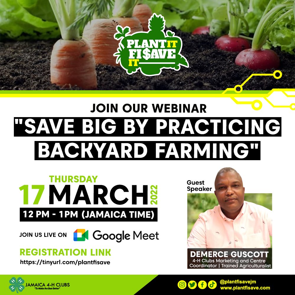plantfisavejm's tweet photo. 💰Save BIG By Practicing Backyard Farming!
👩🏽‍💻This event is being organized by the Plant It Fi Save It campaign through partnership with the Jamaica 4-H Clubs. If you want to reduce your food expenses, this event is for you. 

#plantitfisaveit
#backyardfarming
#4HClubs https://t.co/7or3T0LLTJ