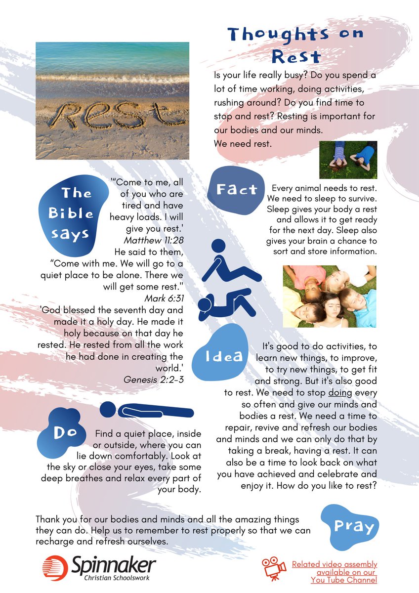 Spinnakertrust1's tweet image. #ThoughtsOn Rest: When we spend a lot of time working, playing &amp;amp; rushing around, it’s important to find time for rest - a time to stop &amp;amp; recharge. How do you rest? Where is your favourite place to rest?

PDF bit.ly/3JmgnSc

#CircleTime
#ChristianReflection 
#ClassWorship
