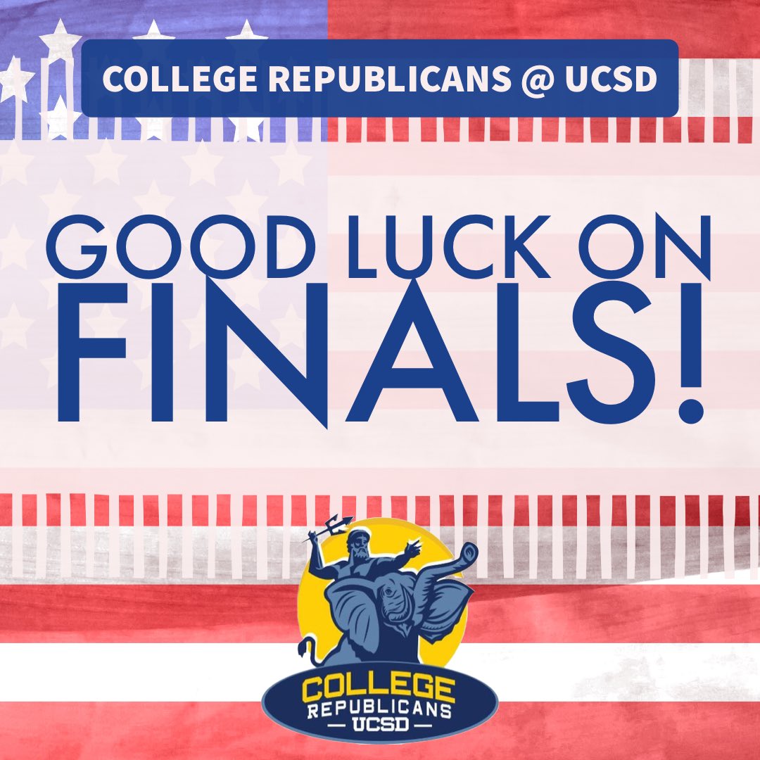 UCSDGOP's tweet photo. Good luck on finals everyone!!! We hope to see everyone at our meetings and events next quarter when we return from Spring Break!🇺🇸 https://t.co/HjXADZ3ujp