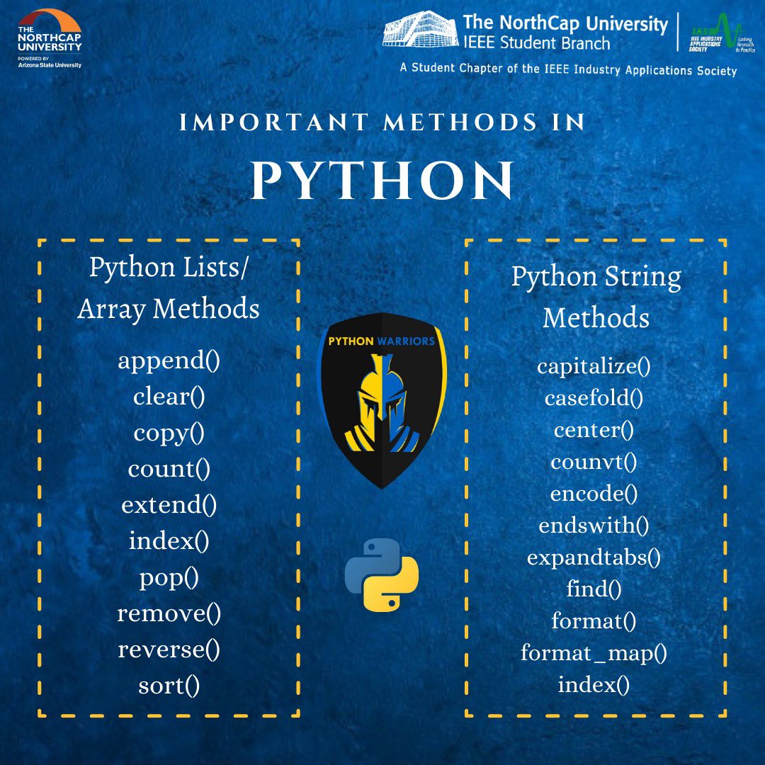 pythonwarriors_'s tweet image. Important Methods In Python You
Should Know if you are a python developer. ✨
Save This Post For Future use 🧠and Tag or Share It To Your Programmer Buddy So He/She Learn It Too..✨. #pythonwarriors #python #pythonprogramming #ieee #ncu