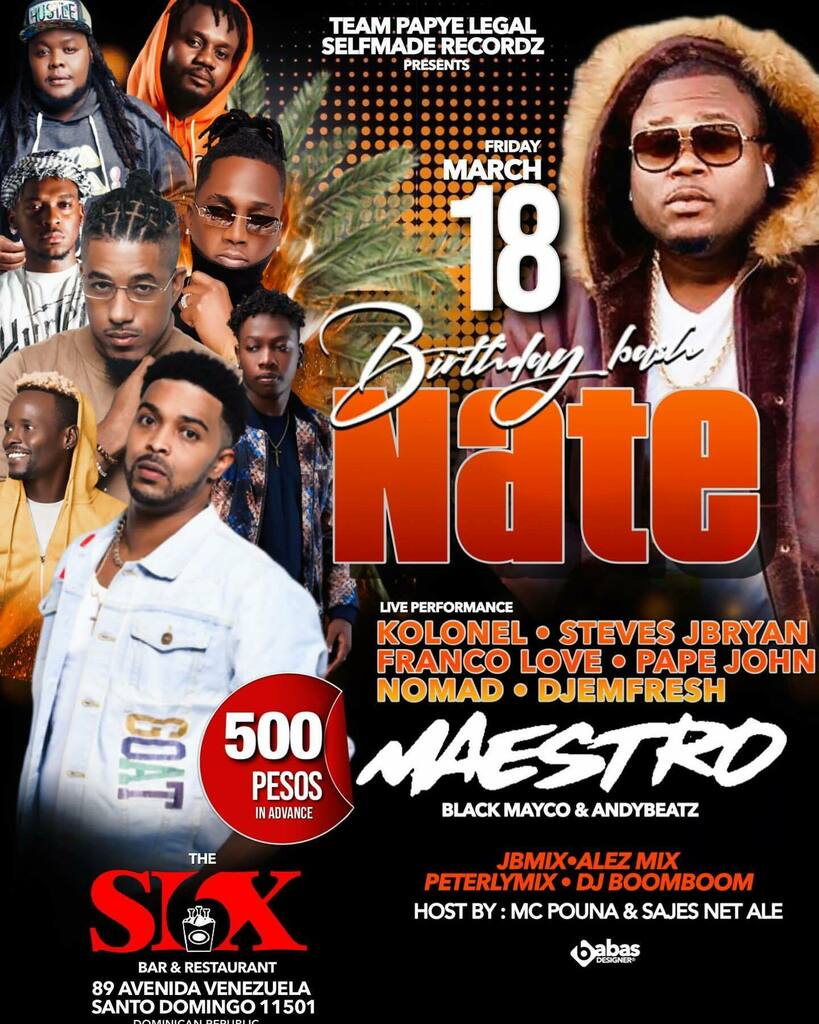 T_Ansyto's tweet photo. Vendredi sa!!! 18 Mars @thesixbar_restaurant_ #rd🇩🇴 Nate #birthdaybash 🎉🎉🎉🍾🍾🍾 @kolonelfreez_official @t_ansyto @andybeatzofficial @stevesjbryan @black_mayco @franco_lovefedero @papejhon @nomad_pibrav @djpeterlymix @djemfresh_ole @jbmix509 @alezmix @djboomboomhaiti #yonm… https://t.co/YhN19dxALs