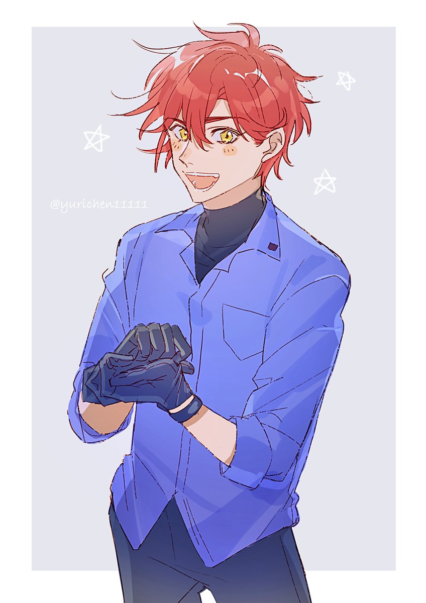 1boy male focus yellow eyes solo gloves red hair shirt  illustration images