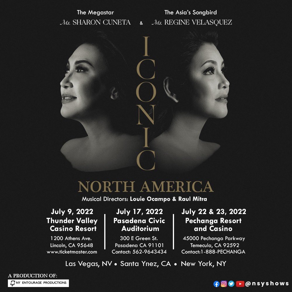 We are coming to you North America! 
“𝐈𝐂𝐎𝐍𝐈𝐂” US tour starts this July 🎶 🌟
Join us this summer for an unforgettable show as we perform for you all!
.
.
See poster details for more info. 
#IconicNorthAmerica
#SharonCuneta
#RegineVelasquez